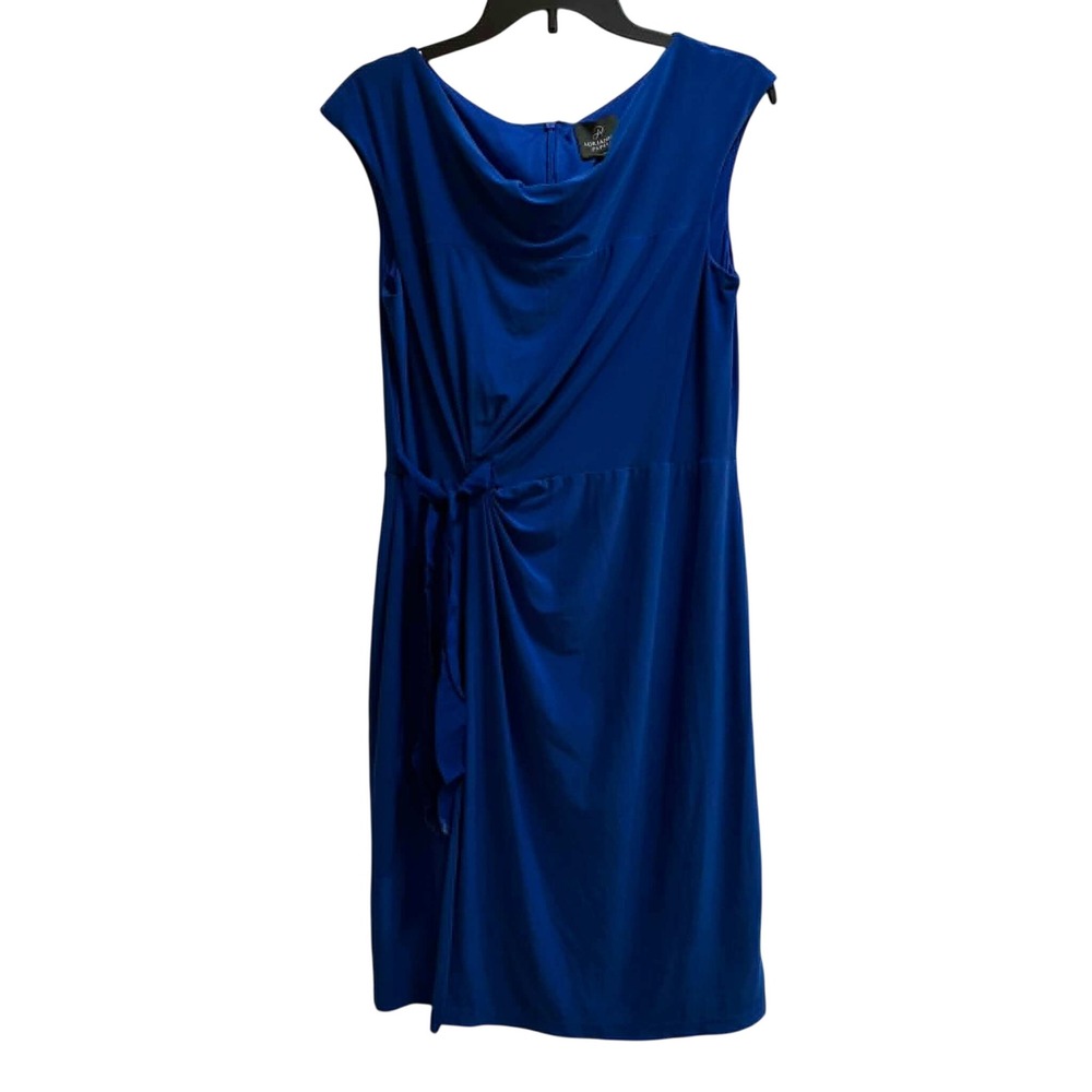 Adrianna Papell Sheath Dress Womens 10 Blue Cowl Neck Draped Knot Cocktail Party